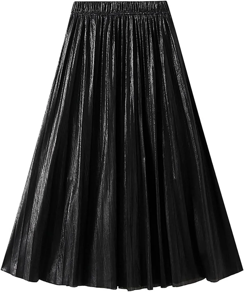 BAIMORE Women's Elegant Glitter Metallic Elastic Waist A Line Swing Accordion Pleated Midi Skirt