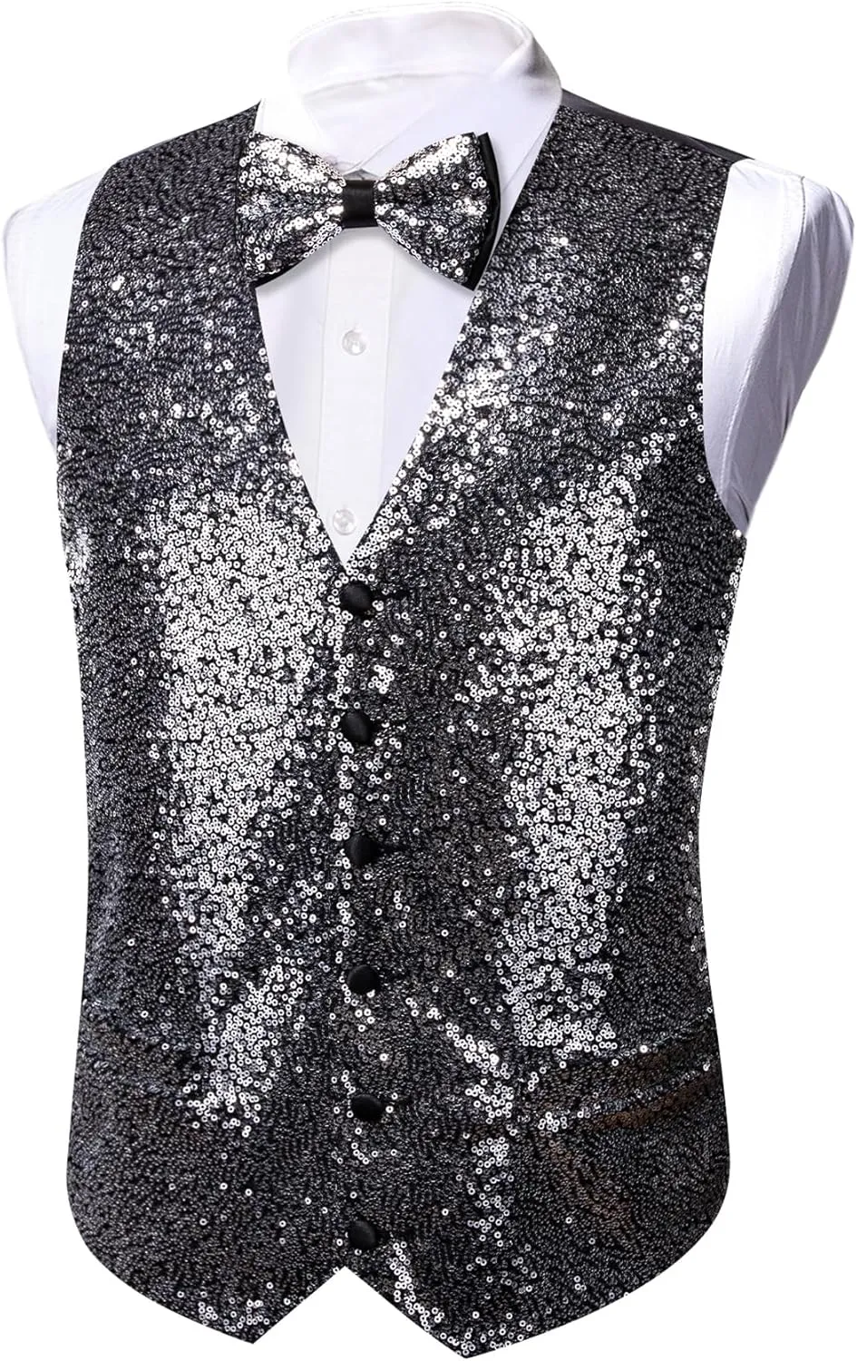 Barry.Wang Mens Sequins Vest Formal/Leisure V-neck Shiny Waistcoat Bowtie Set Prom Party Tuxedo