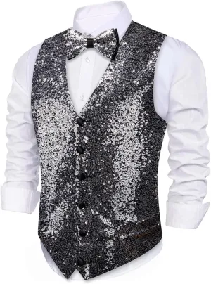 Barry.Wang Mens Sequins Vest Formal/Leisure V-neck Shiny Waistcoat Bowtie Set Prom Party Tuxedo