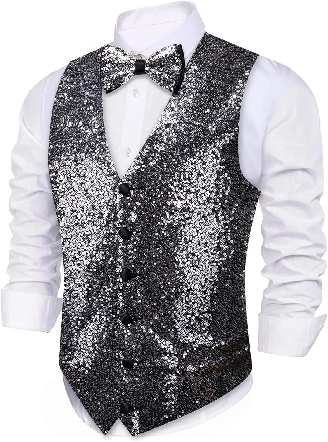 Barry.Wang Mens Sequins Vest Formal/Leisure V-neck Shiny Waistcoat Bowtie Set Prom Party Tuxedo