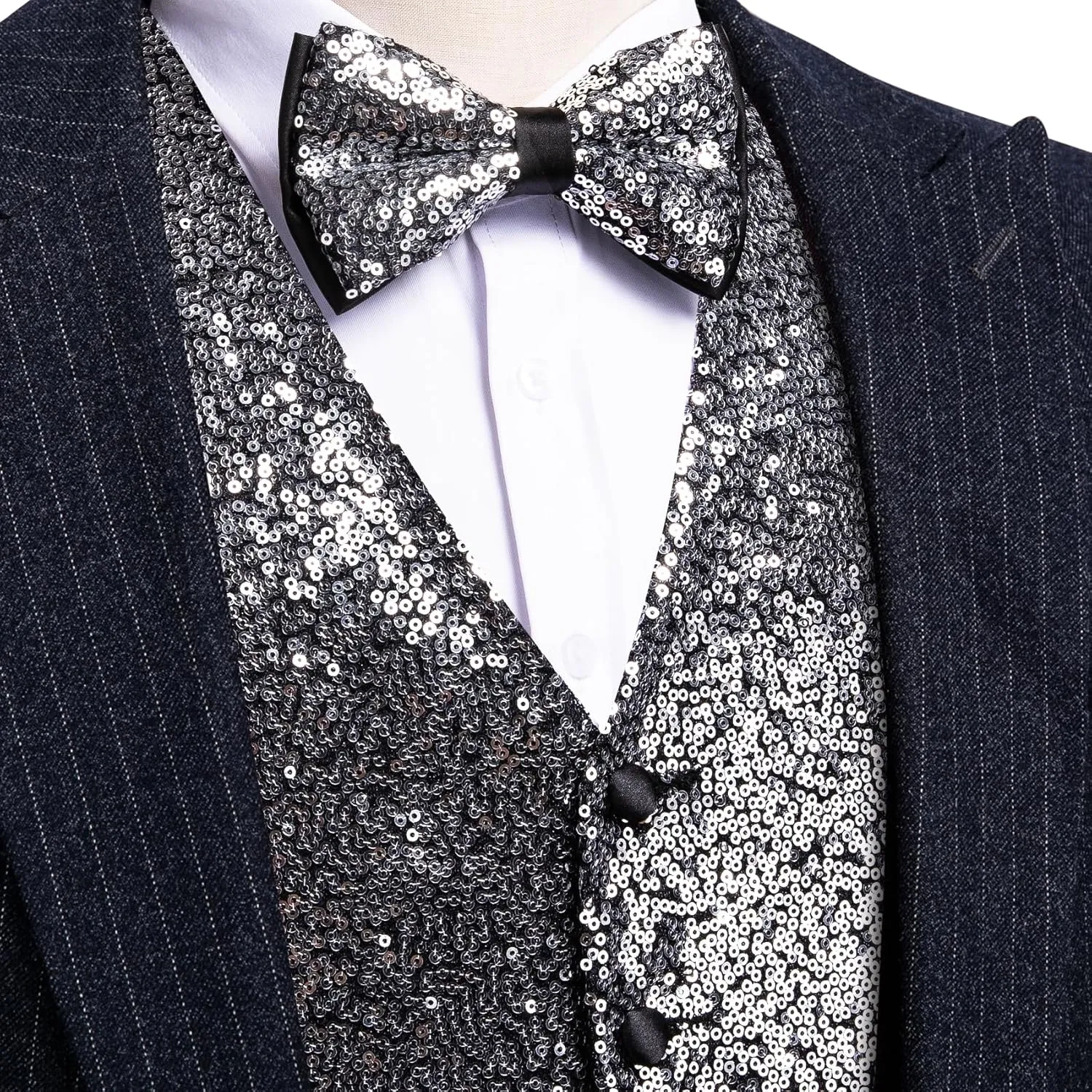 Barry.Wang Mens Sequins Vest Formal/Leisure V-neck Shiny Waistcoat Bowtie Set Prom Party Tuxedo