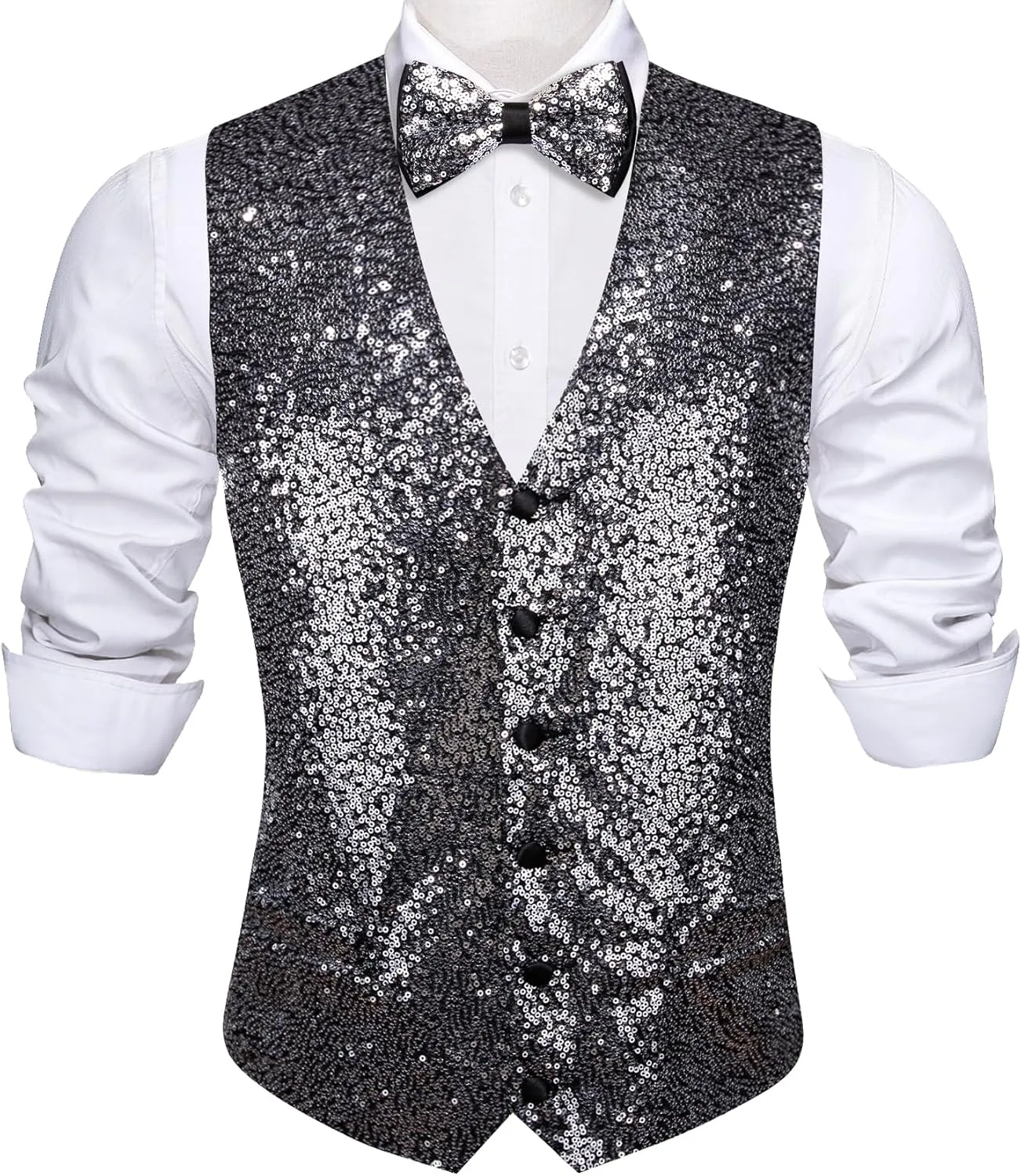 Barry.Wang Mens Sequins Vest Formal/Leisure V-neck Shiny Waistcoat Bowtie Set Prom Party Tuxedo