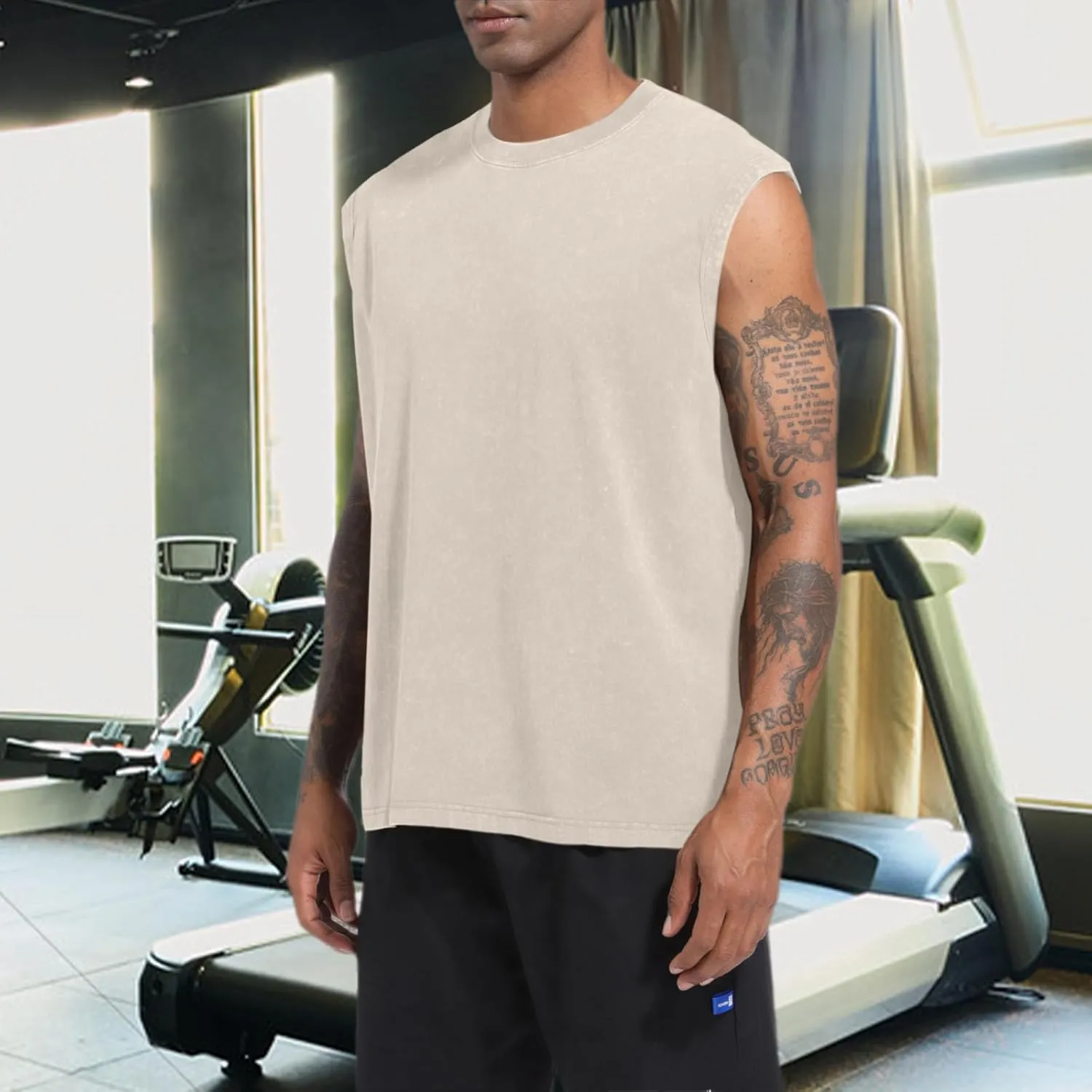BINTEHGS Muscle Sleeveless Shirts for Men Cotton Summer Plain Gym Workout Tank Tops Crewneck Solid Loose Fit Hippie Tanks