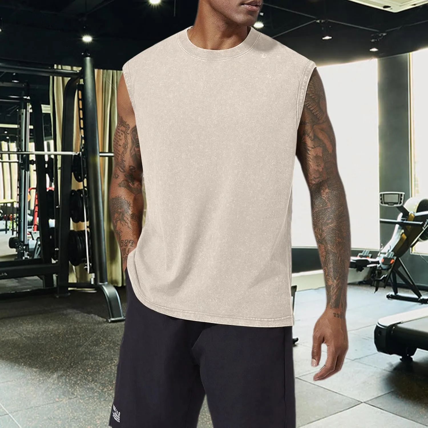 BINTEHGS Muscle Sleeveless Shirts for Men Cotton Summer Plain Gym Workout Tank Tops Crewneck Solid Loose Fit Hippie Tanks