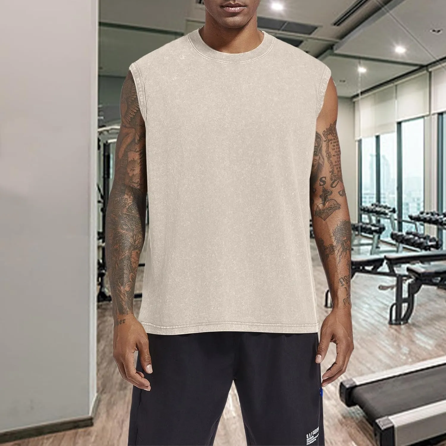 BINTEHGS Muscle Sleeveless Shirts for Men Cotton Summer Plain Gym Workout Tank Tops Crewneck Solid Loose Fit Hippie Tanks