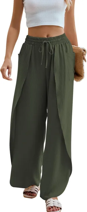BMJL Womens Wide Leg Summer Pants Flowy Side Split Palazzo Beach Pants Boho High Waisted Trousers