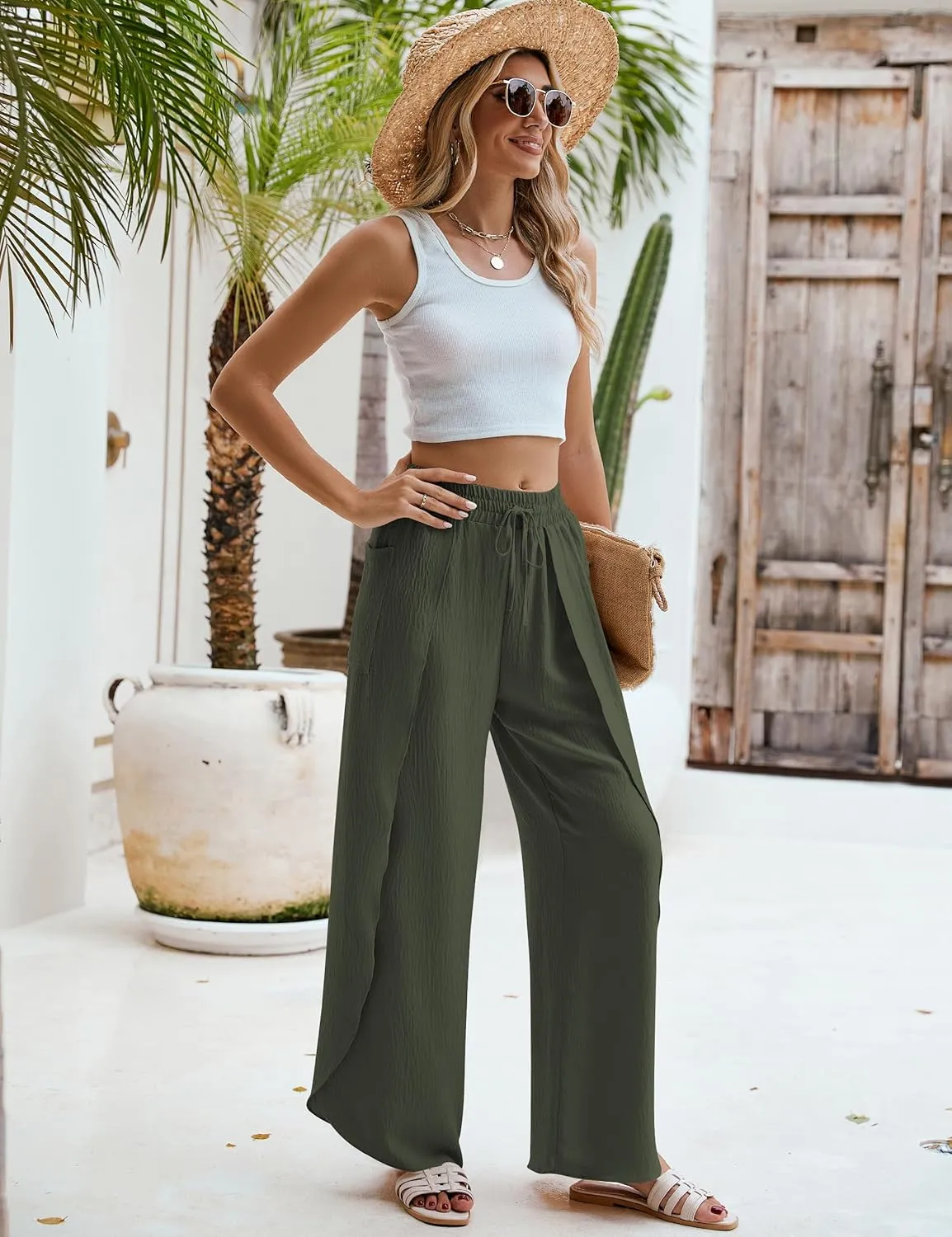 BMJL Womens Wide Leg Summer Pants Flowy Side Split Palazzo Beach Pants Boho High Waisted Trousers