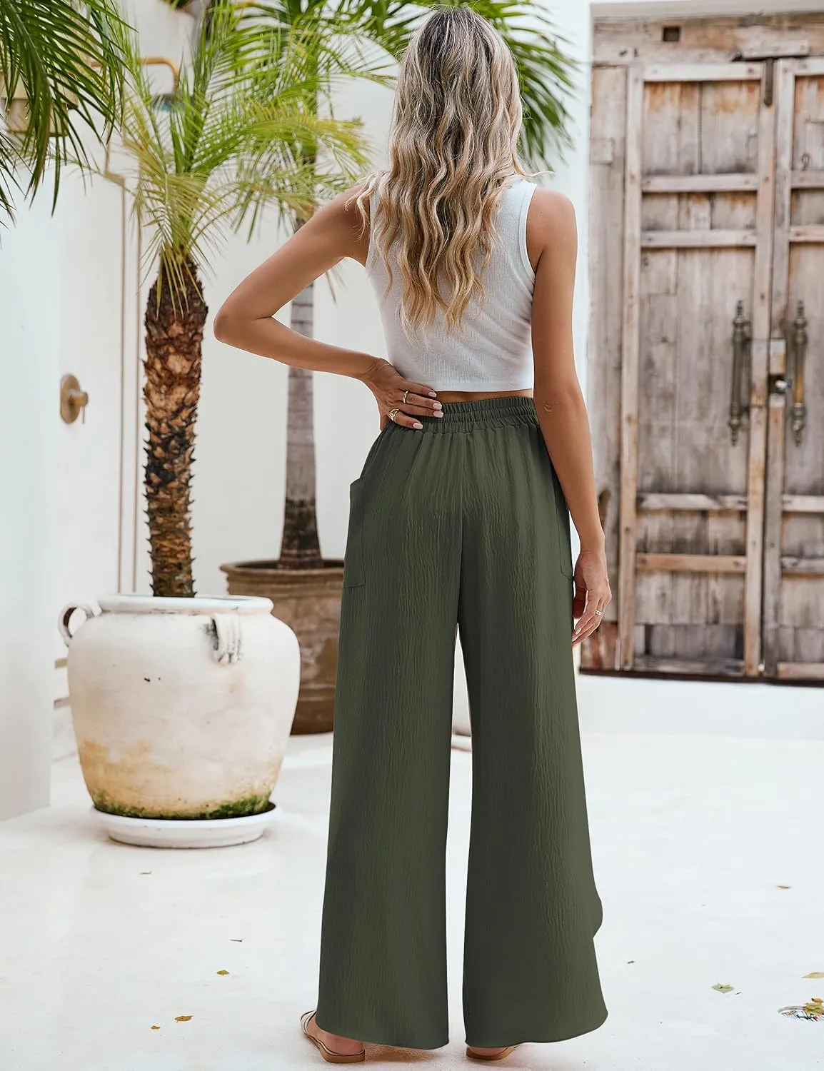 BMJL Womens Wide Leg Summer Pants Flowy Side Split Palazzo Beach Pants Boho High Waisted Trousers