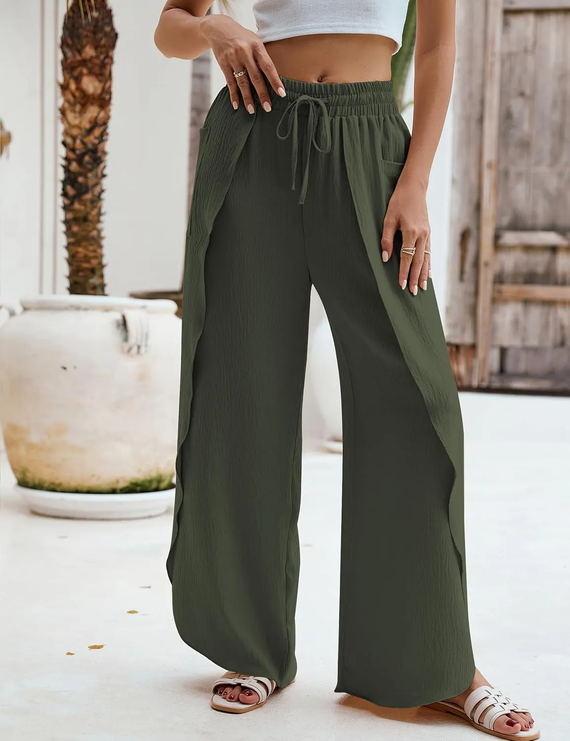 BMJL Womens Wide Leg Summer Pants Flowy Side Split Palazzo Beach Pants Boho High Waisted Trousers