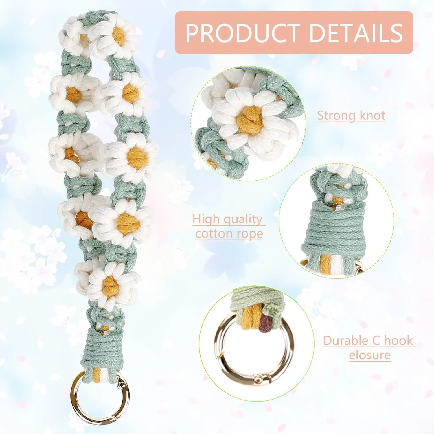 Boho Handmade Macrame Keychain Wristlet Keychain Daisy keychain Weave Exquisite Keyring Holder Bracelet Lanyard for Women