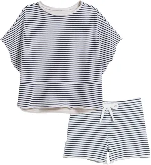 Bozanly Womens Loungewear Set Short Sleeve Top and Shorts Oversized 2 Piece Outfits Solid Color/Striped Matching Pajama Sets