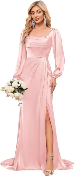 Bridesmaid Dresses Long Sleeve Mermaid Chiffon Cowl Neck Formal Party Gown with Slit