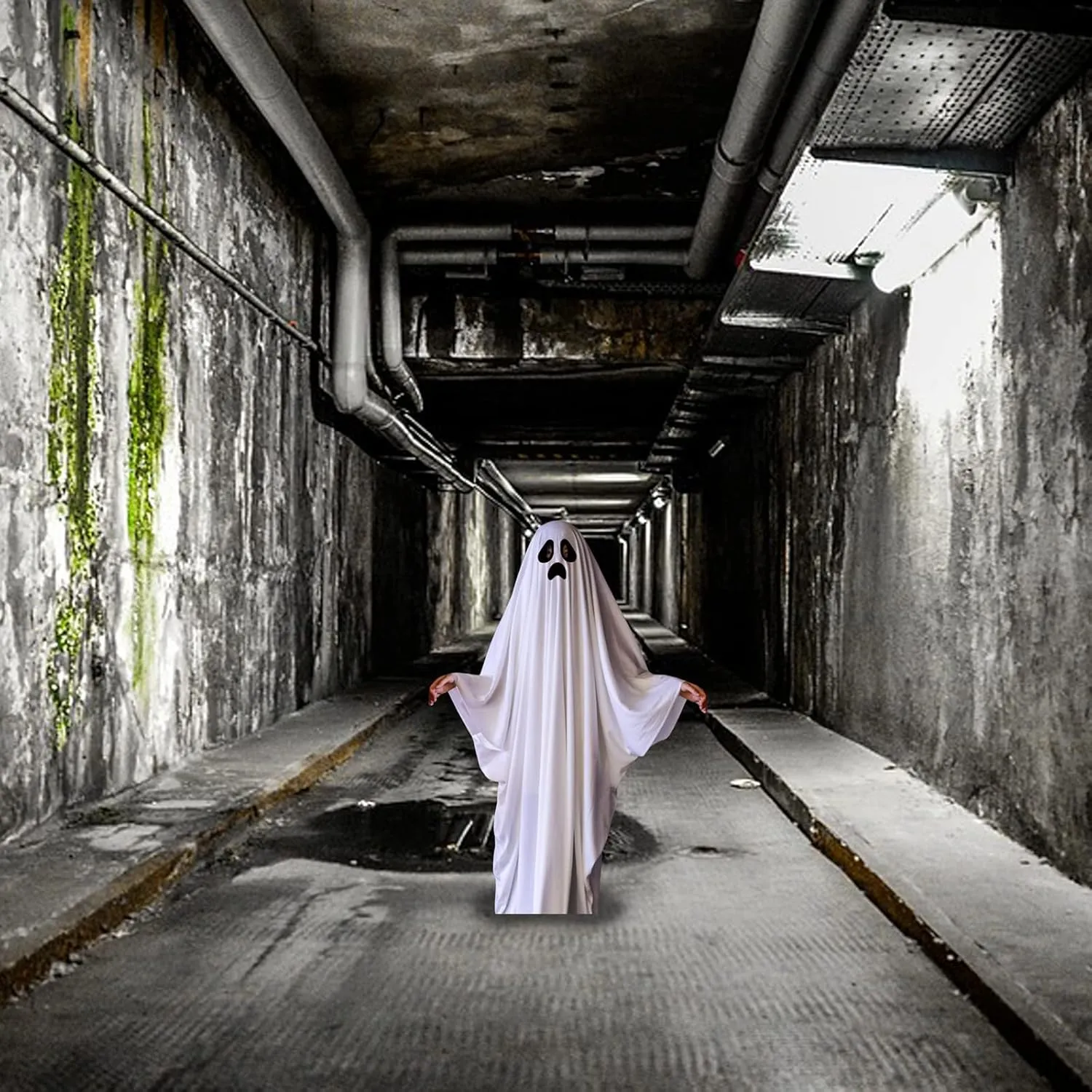 BULINGNA Halloween Ghost Cape Costume White Spooky Ghost Cloak Trick-or-Treating Party Prop for Kids Adults (Black White, S, about 125cm)