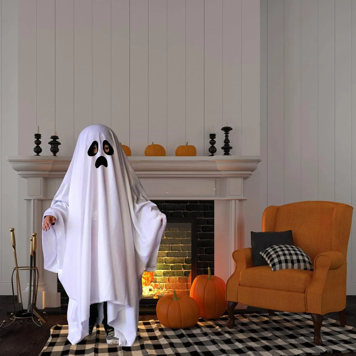 BULINGNA Halloween Ghost Cape Costume White Spooky Ghost Cloak Trick-or-Treating Party Prop for Kids Adults (Black White, S, about 125cm)