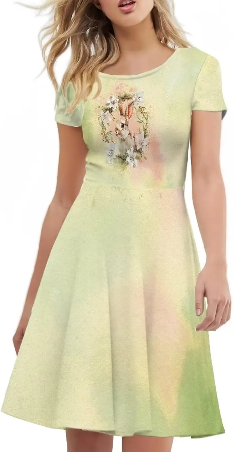 Buybai Summer Dresses for Women Crewneck Party Midi Dress Casual Short Sleeve Vacation Dresses