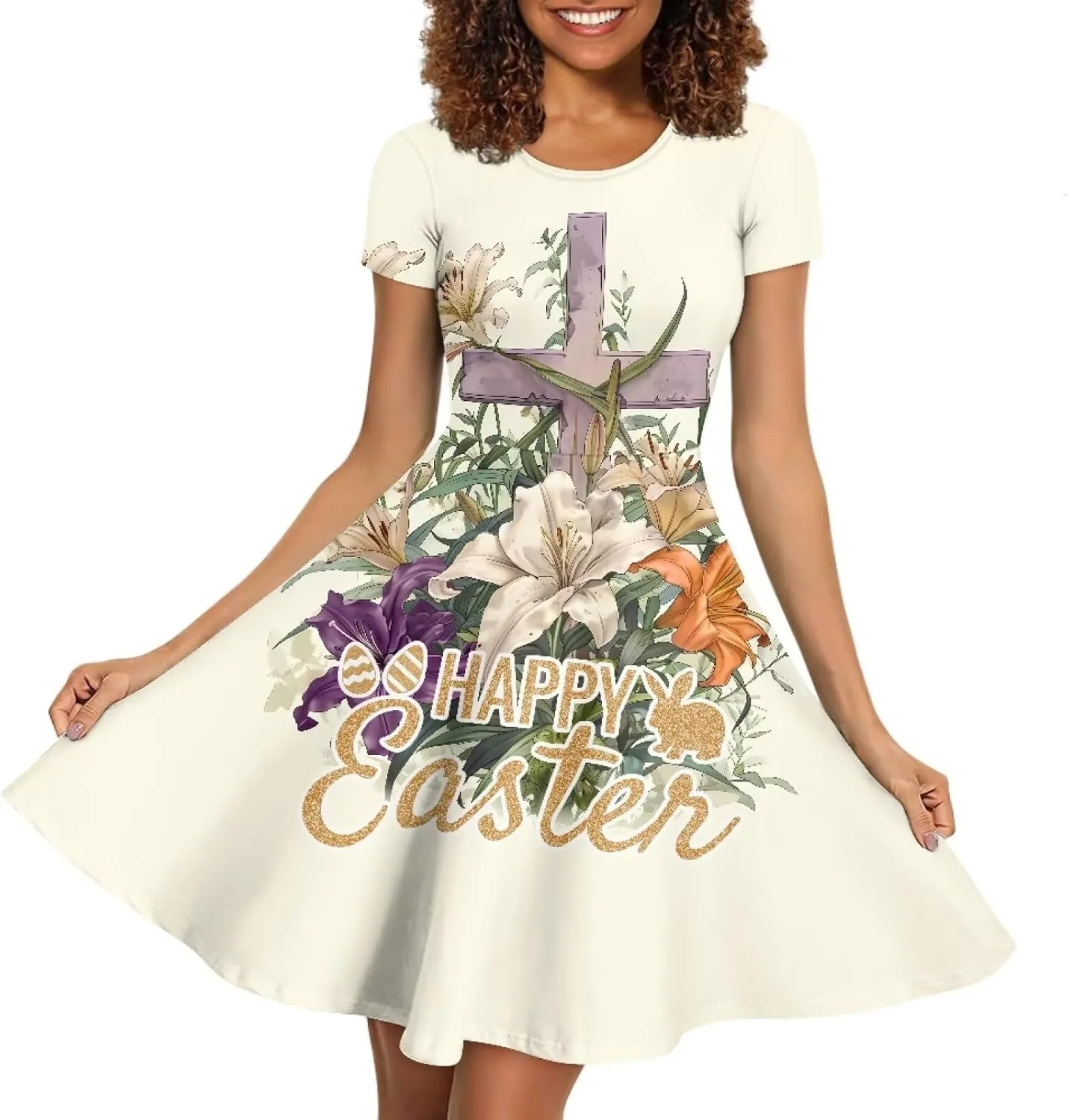 Buybai Summer Dresses for Women Crewneck Party Midi Dress Casual Short Sleeve Vacation Dresses