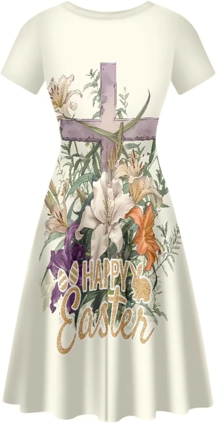 Buybai Summer Dresses for Women Crewneck Party Midi Dress Casual Short Sleeve Vacation Dresses