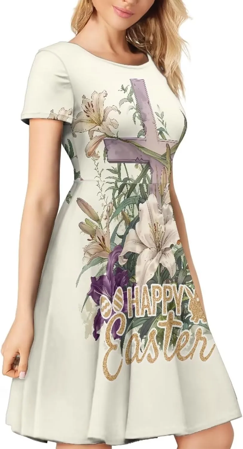 Buybai Summer Dresses for Women Crewneck Party Midi Dress Casual Short Sleeve Vacation Dresses