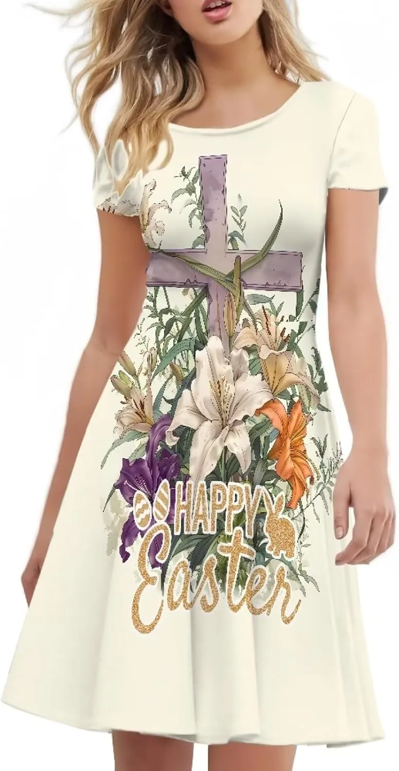 Buybai Summer Dresses for Women Crewneck Party Midi Dress Casual Short Sleeve Vacation Dresses