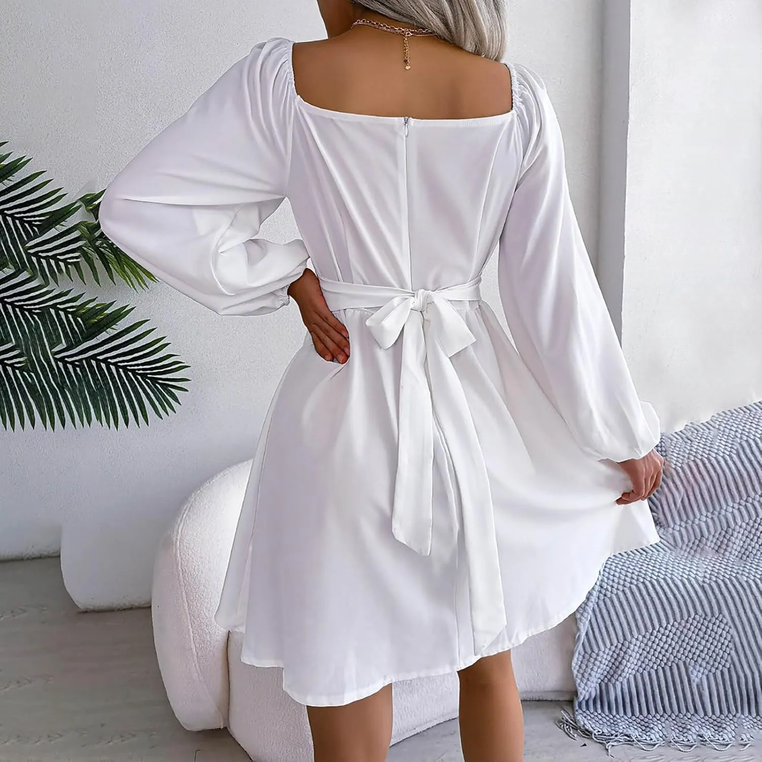 Casual Dresses for Women Women's Long Sleeve Dress Square Neck Ruffle Tie Waist A-Line Pleated Mini Dresses