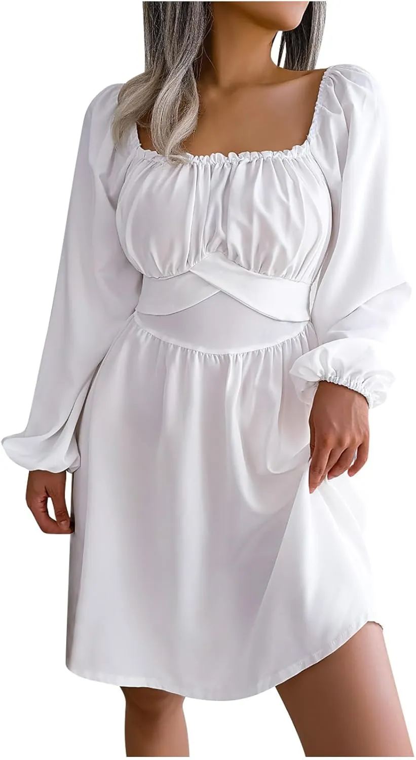 Casual Dresses for Women Women's Long Sleeve Dress Square Neck Ruffle Tie Waist A-Line Pleated Mini Dresses