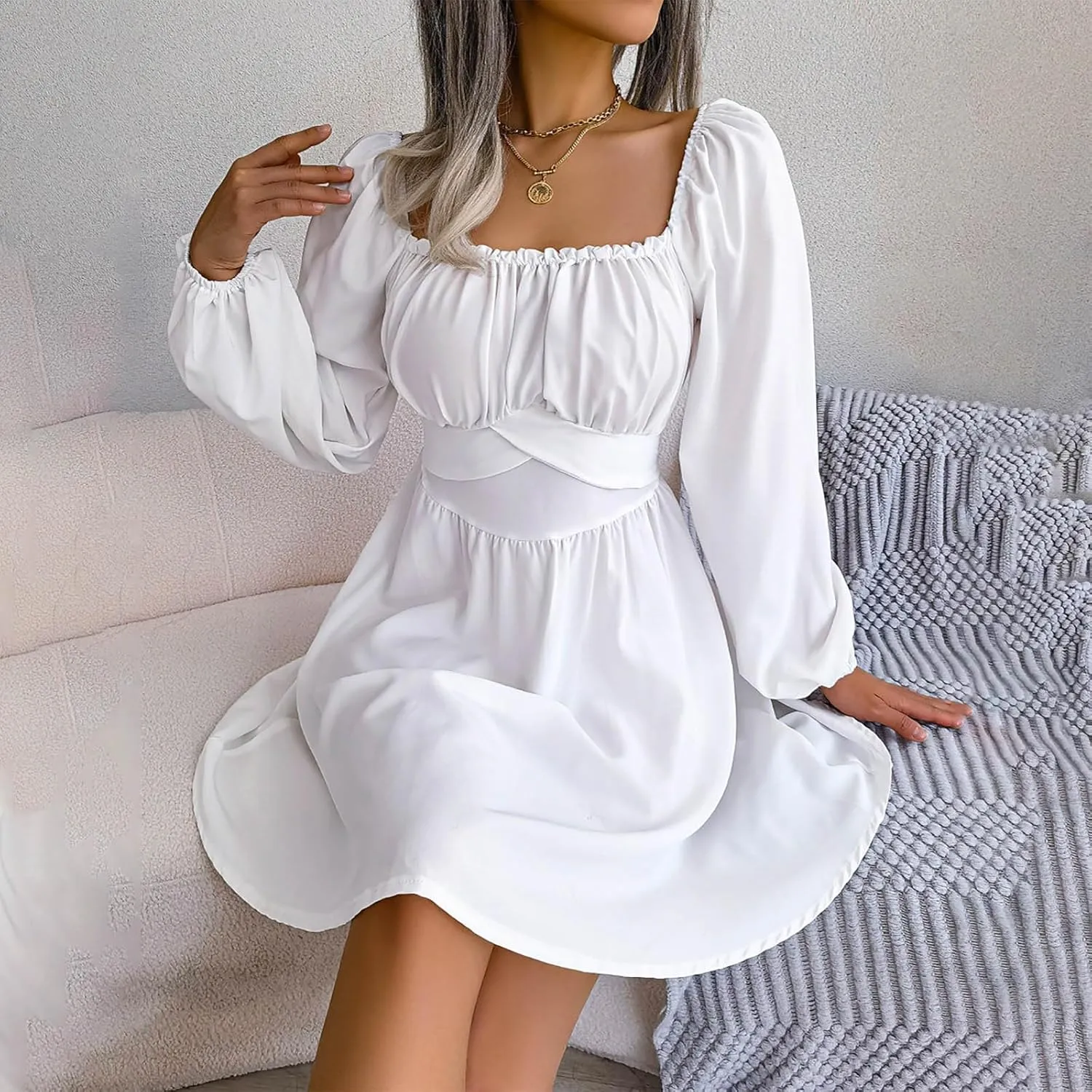 Casual Dresses for Women Women's Long Sleeve Dress Square Neck Ruffle Tie Waist A-Line Pleated Mini Dresses