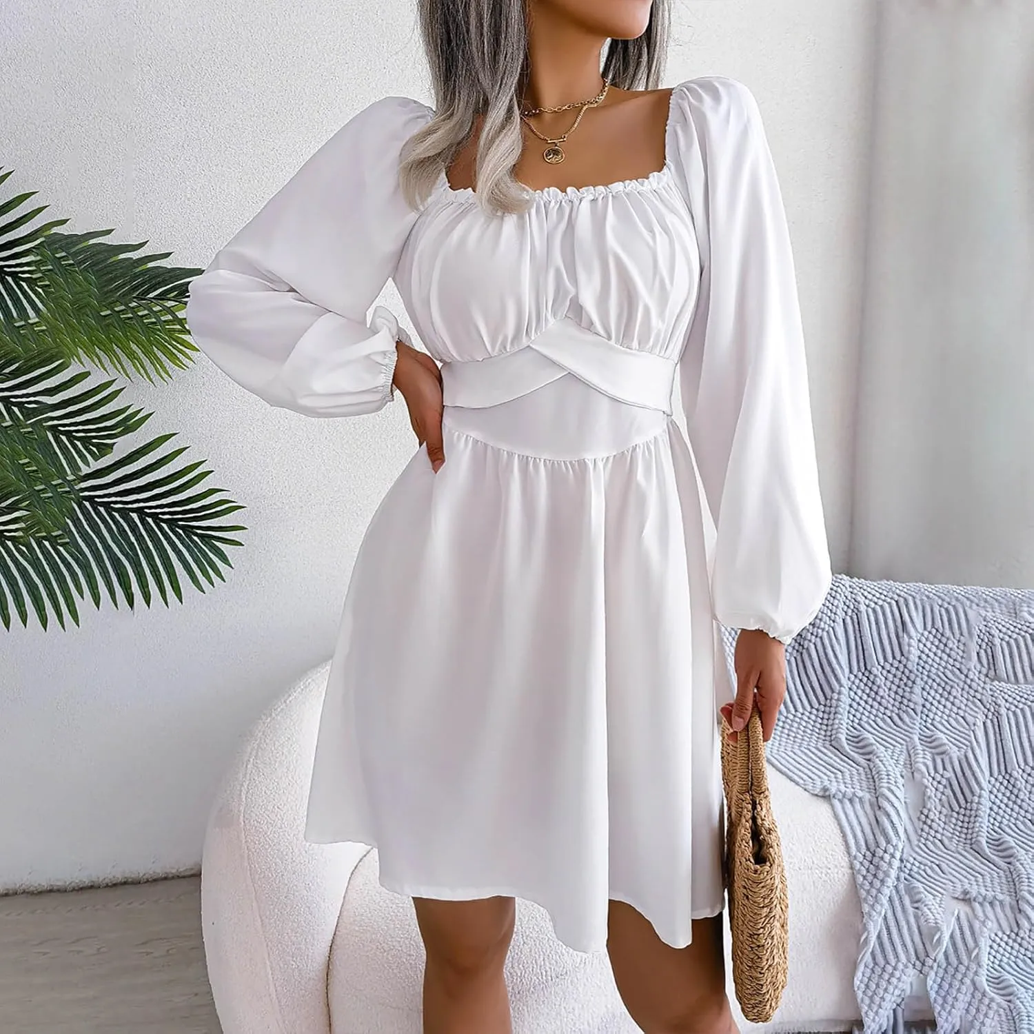 Casual Dresses for Women Women's Long Sleeve Dress Square Neck Ruffle Tie Waist A-Line Pleated Mini Dresses