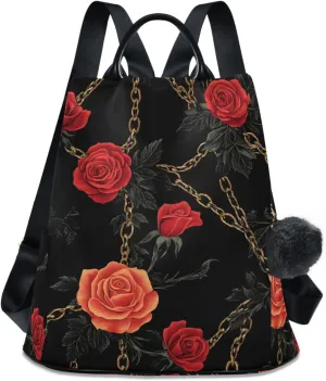 Chains Roses Backpack for Women Anti Theft Large Fashion Travel Shoulder Bag Purse Rucksack Lightweight