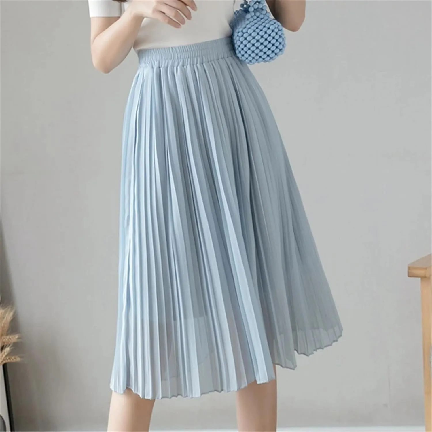 Chiffon Pleated Skirts for Women in Summer, Casual Elastic High Waist Beach Knee-Length Midi