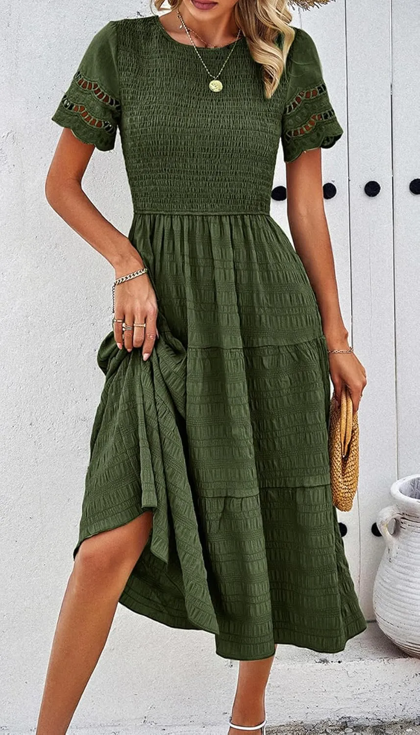 chouyatou Women's 2024 Spring Summer Solid Color Elegant Dresses Crewneck Cut Out Maxi Dress
