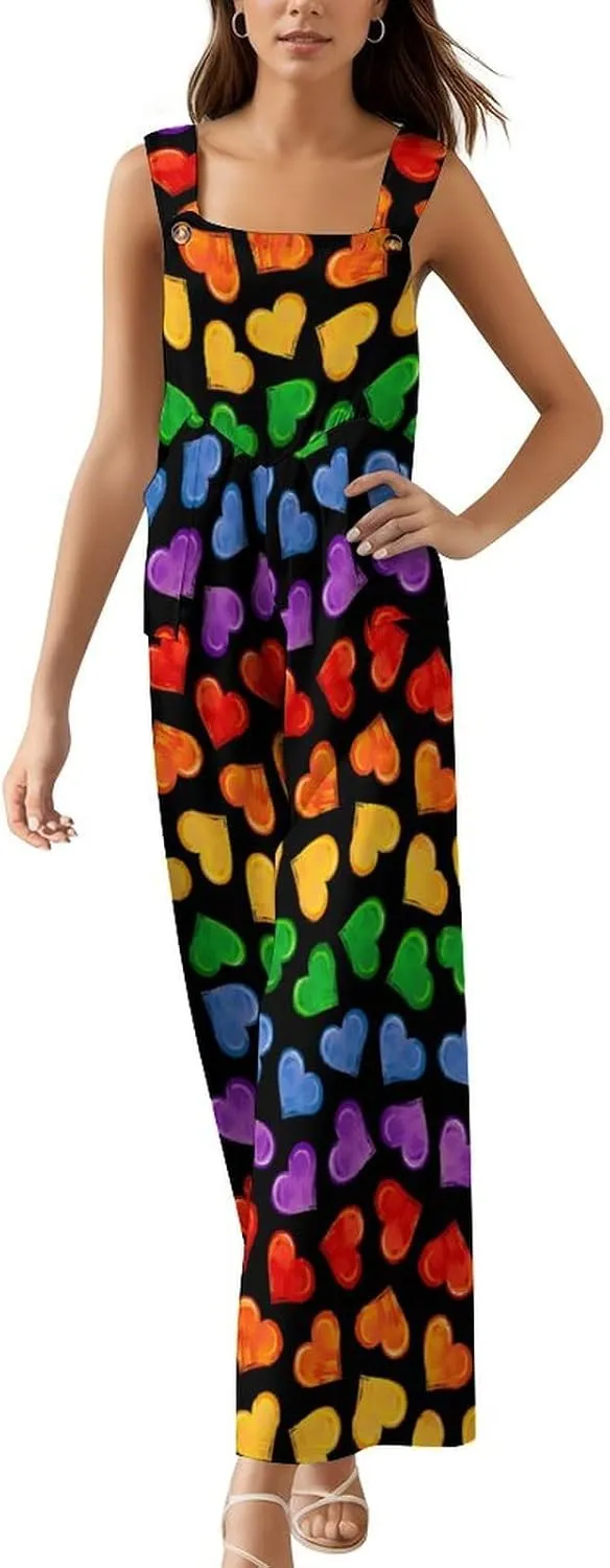 Colorful Hearts of LGBT Pride Symbols Women's Jumpsuit Summer Casual Printed Sleeveless High Waist Wide Leg Pants