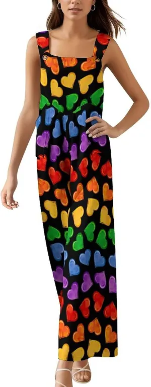 Colorful Hearts of LGBT Pride Symbols Women's Jumpsuit Summer Casual Printed Sleeveless High Waist Wide Leg Pants