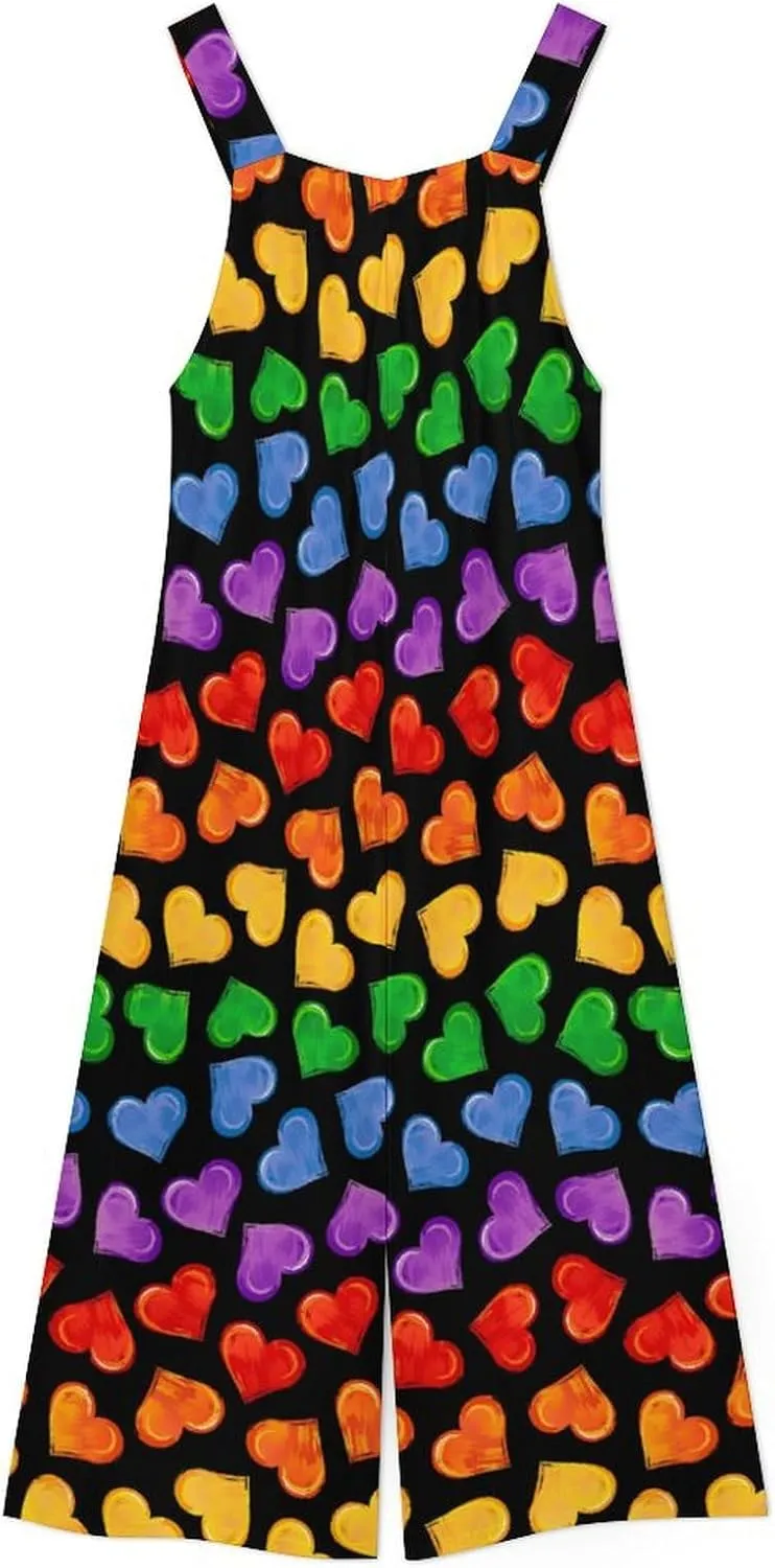 Colorful Hearts of LGBT Pride Symbols Women's Jumpsuit Summer Casual Printed Sleeveless High Waist Wide Leg Pants