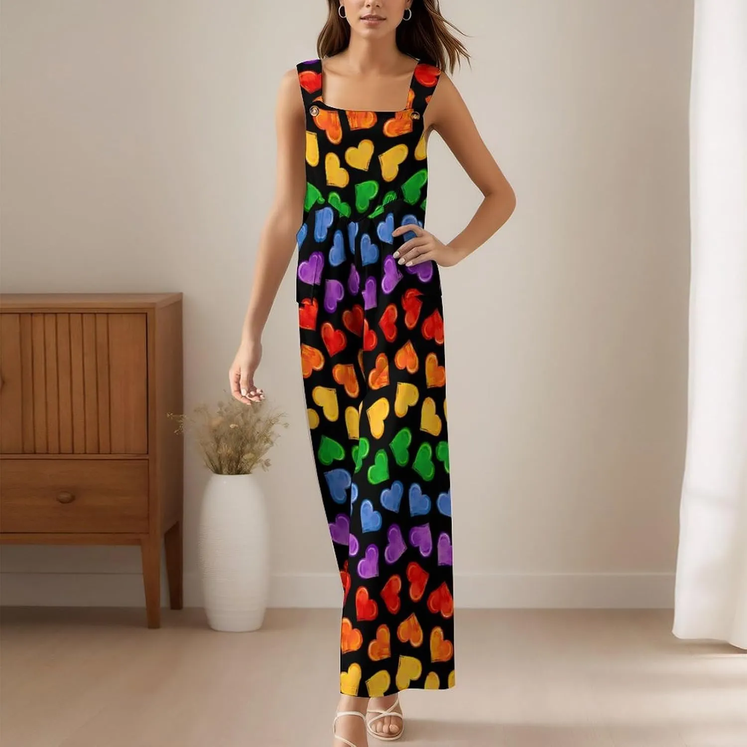 Colorful Hearts of LGBT Pride Symbols Women's Jumpsuit Summer Casual Printed Sleeveless High Waist Wide Leg Pants