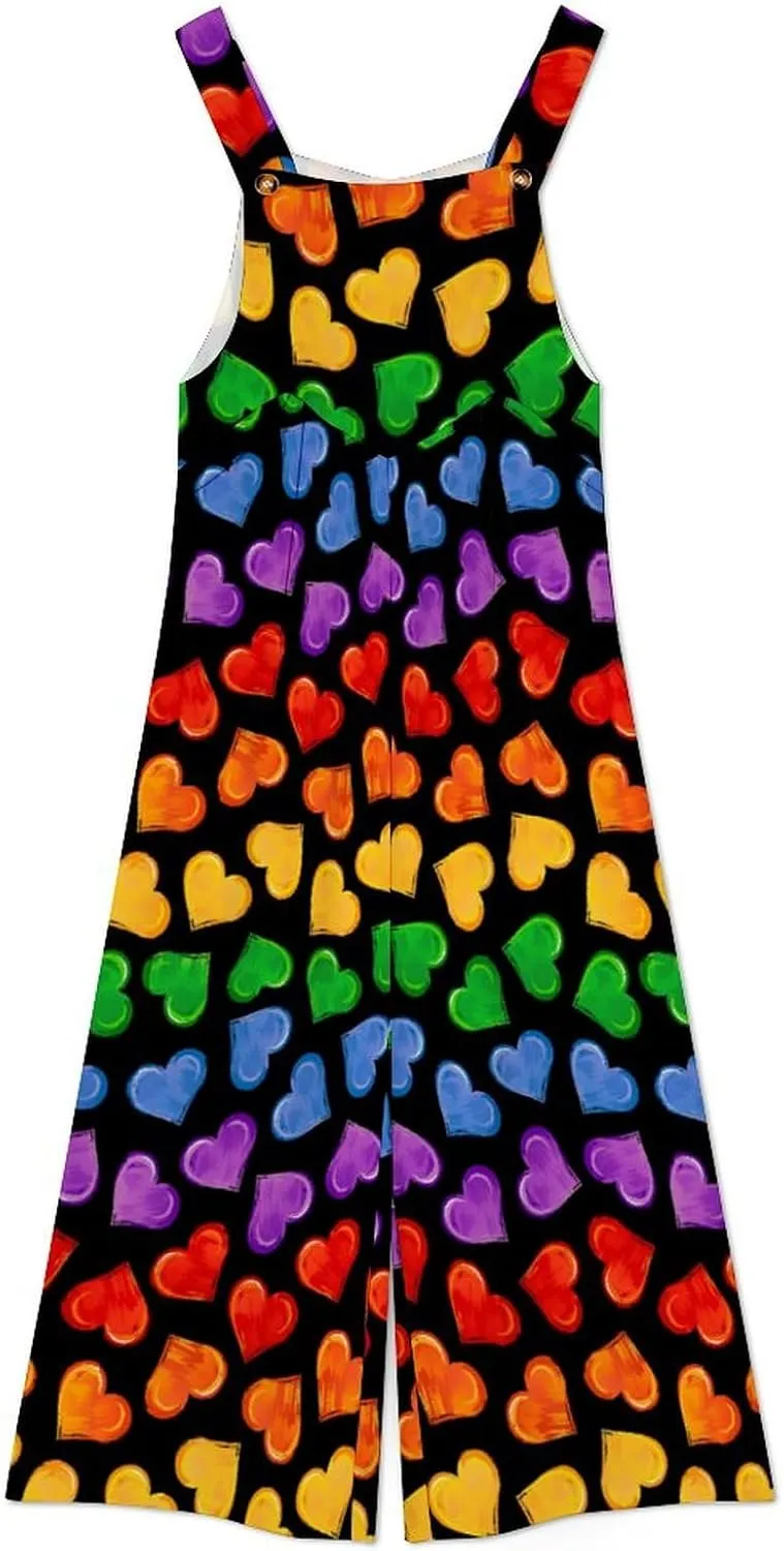Colorful Hearts of LGBT Pride Symbols Women's Jumpsuit Summer Casual Printed Sleeveless High Waist Wide Leg Pants