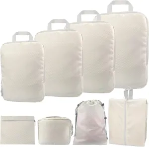 Compression Packing Cubes, 8 Set Organizers for Carry On Suitcases, Travel Essentials, Lightweight Expandable Luggage and Accessories (BEIGE)