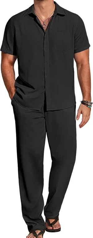 COOFANDY Mens 2 Piece Casual Beach Outfits Short Sleeve Button Down Shirts Summer Loose Pant Sets Vacation Walking Outfits