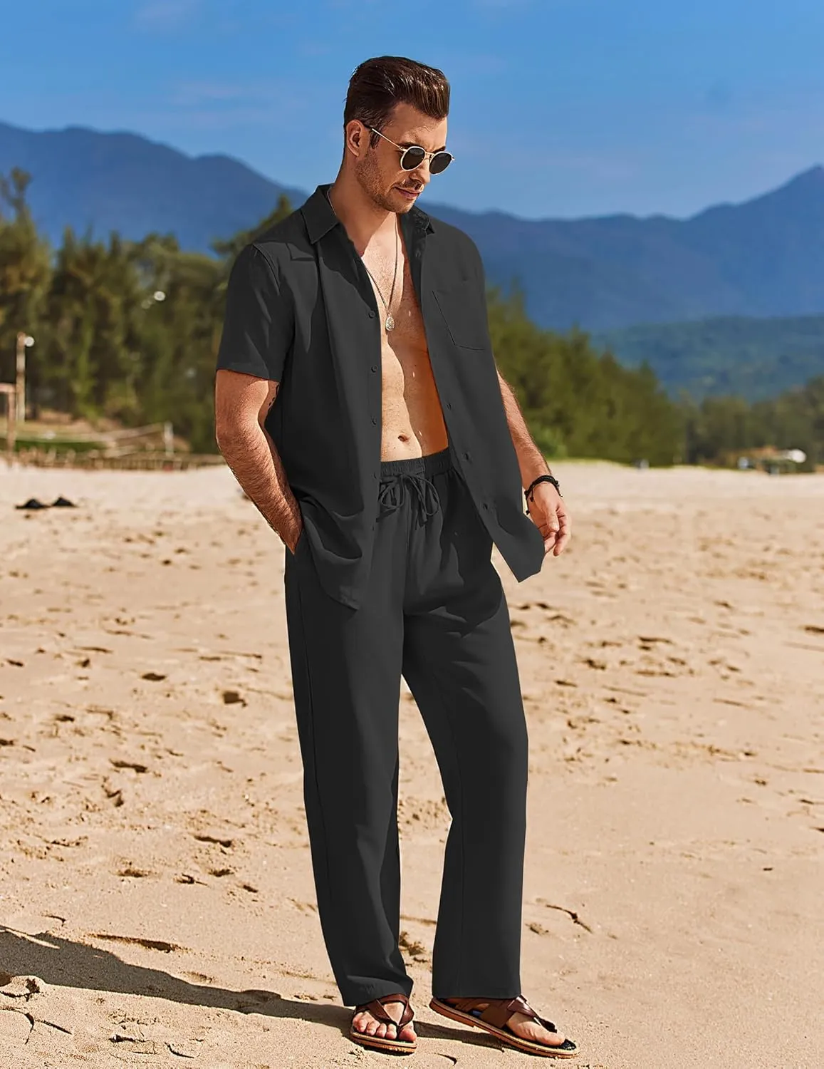 COOFANDY Mens 2 Piece Casual Beach Outfits Short Sleeve Button Down Shirts Summer Loose Pant Sets Vacation Walking Outfits