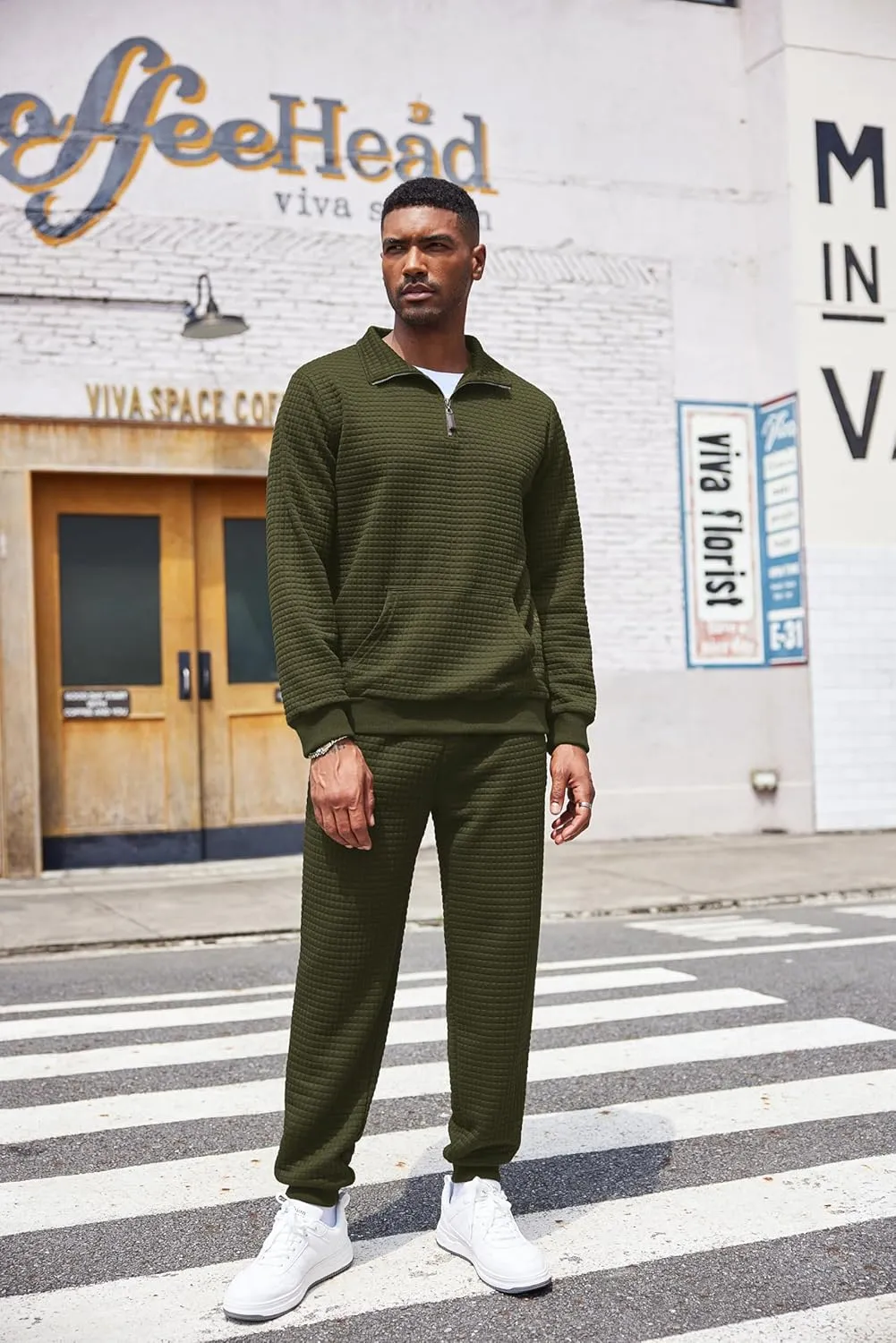 COOFANDY Men's Tracksuit 2 Piece Quarter Zip Sweatsuit Workout Plaid Jacquard Jogging Suit Set