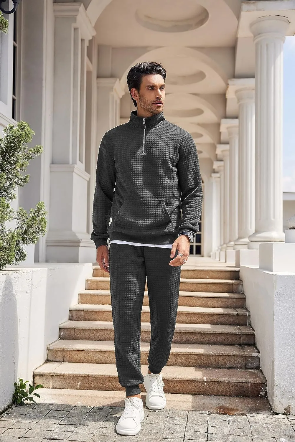 COOFANDY Men's Tracksuit 2 Piece Quarter Zip Sweatsuit Workout Plaid Jacquard Jogging Suit Set
