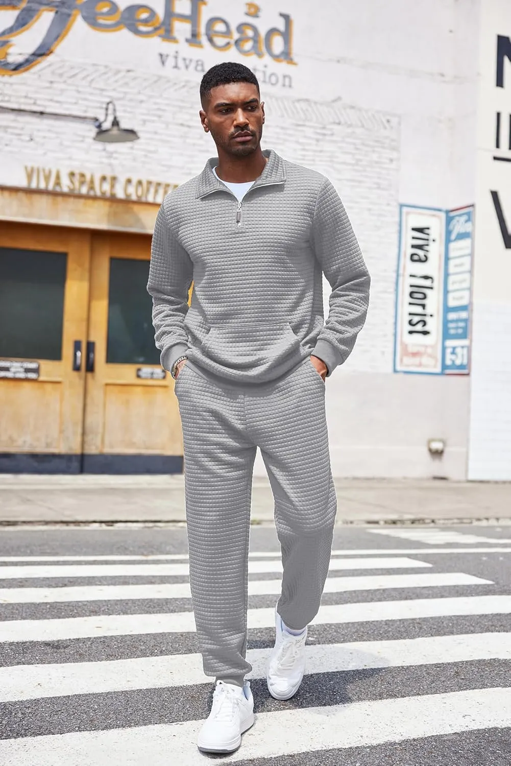 COOFANDY Men's Tracksuit 2 Piece Quarter Zip Sweatsuit Workout Plaid Jacquard Jogging Suit Set