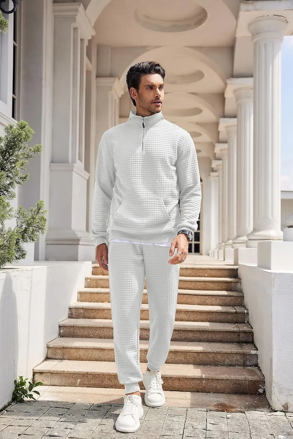 COOFANDY Men's Tracksuit 2 Piece Quarter Zip Sweatsuit Workout Plaid Jacquard Jogging Suit Set