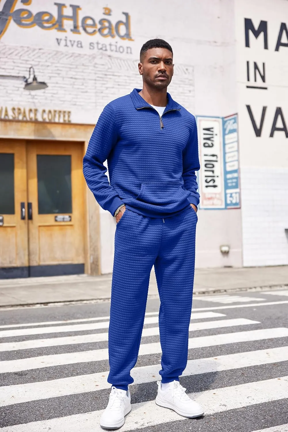 COOFANDY Men's Tracksuit 2 Piece Quarter Zip Sweatsuit Workout Plaid Jacquard Jogging Suit Set