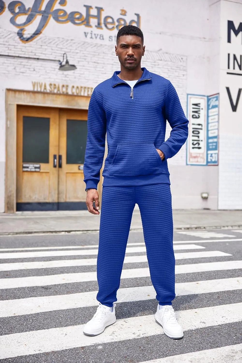 COOFANDY Men's Tracksuit 2 Piece Quarter Zip Sweatsuit Workout Plaid Jacquard Jogging Suit Set