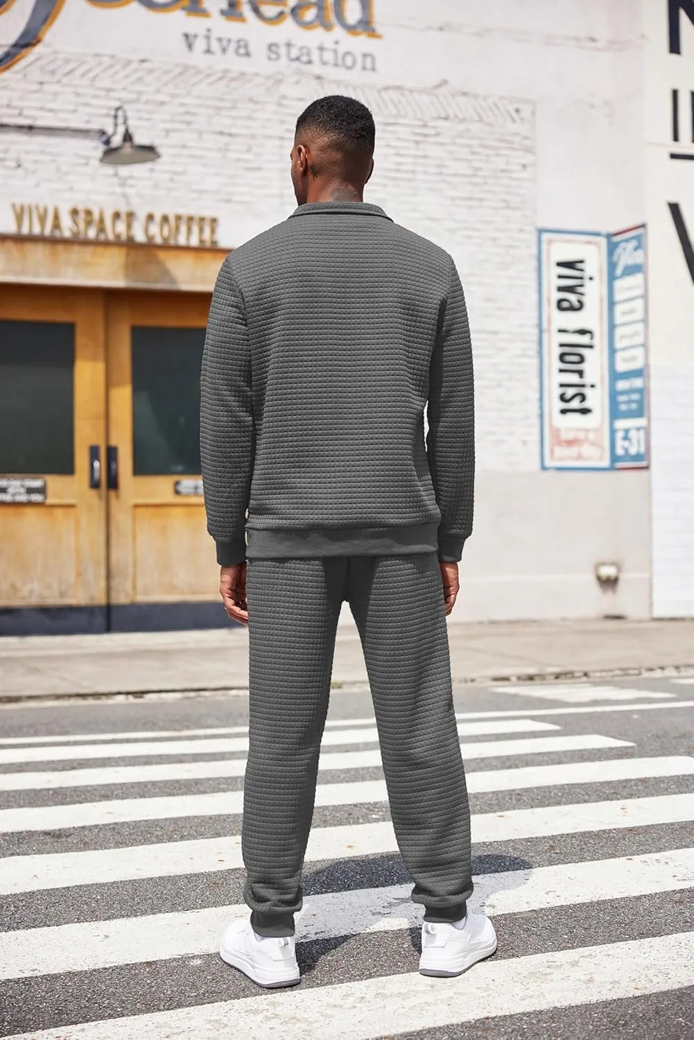 COOFANDY Men's Tracksuit 2 Piece Quarter Zip Sweatsuit Workout Plaid Jacquard Jogging Suit Set