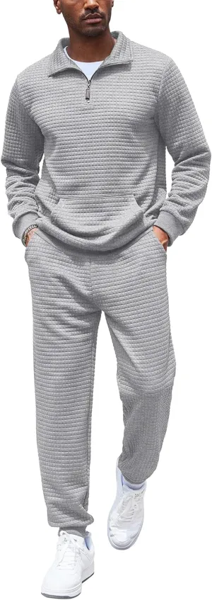 COOFANDY Men's Tracksuit 2 Piece Quarter Zip Sweatsuit Workout Plaid Jacquard Jogging Suit Set