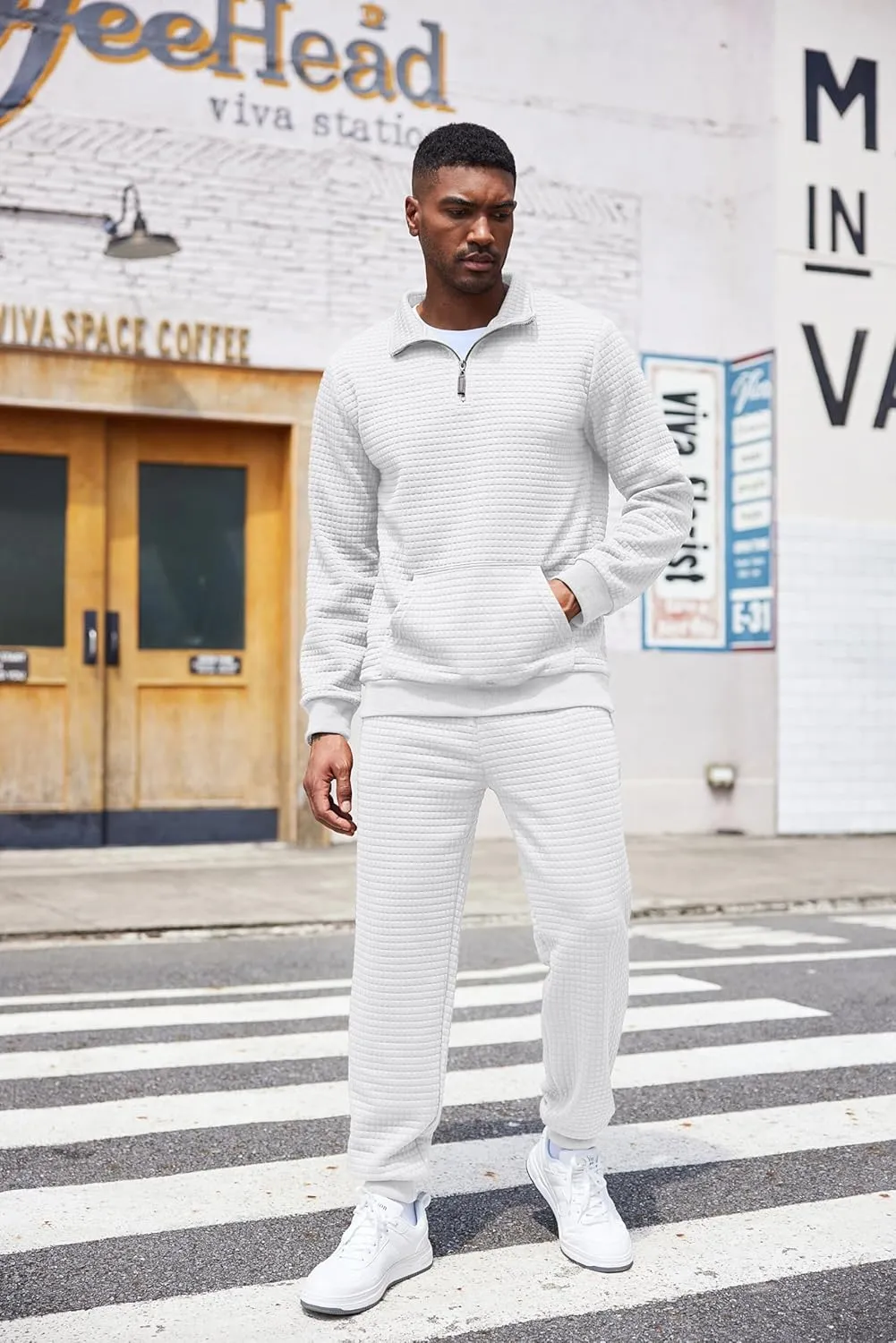 COOFANDY Men's Tracksuit 2 Piece Quarter Zip Sweatsuit Workout Plaid Jacquard Jogging Suit Set