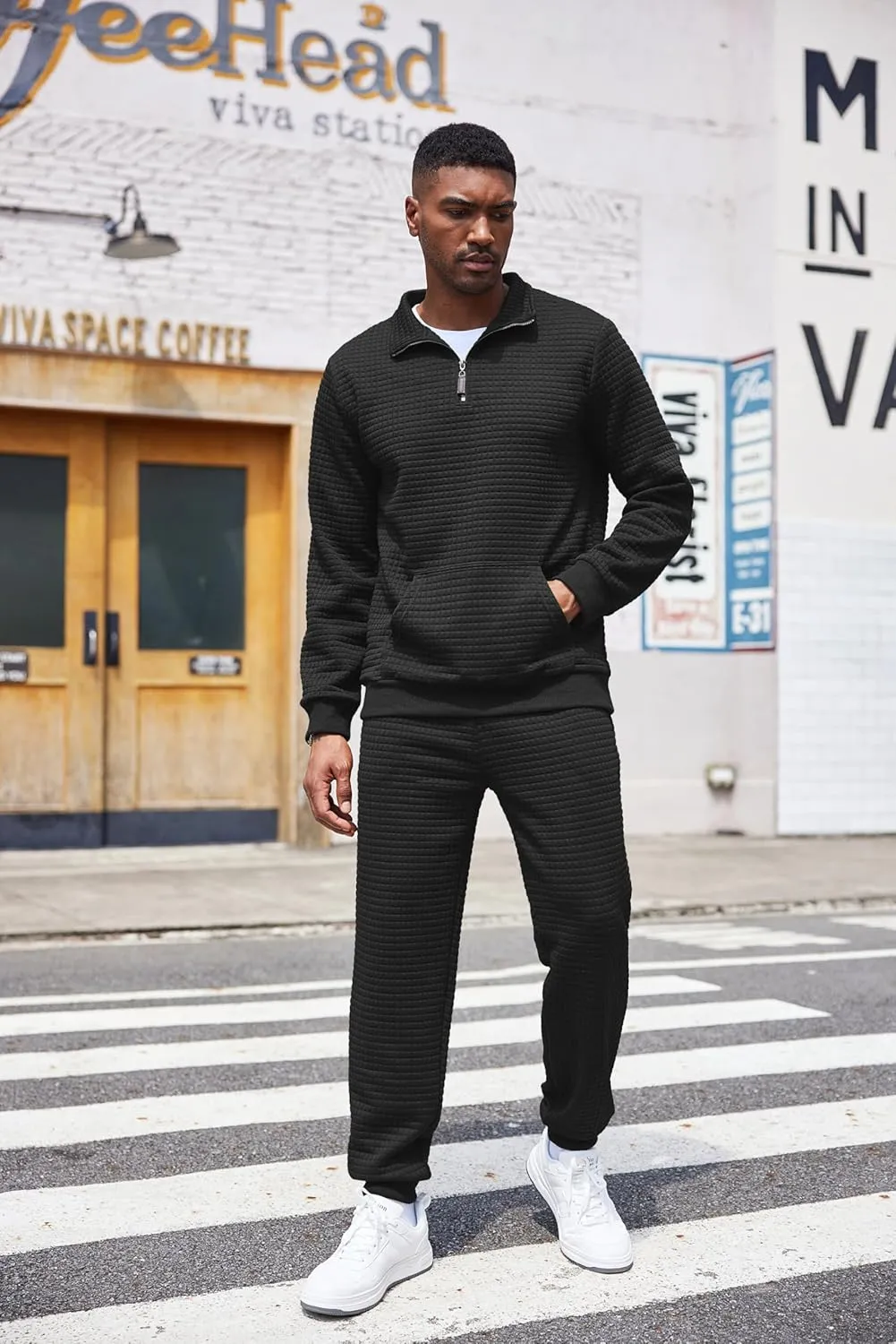 COOFANDY Men's Tracksuit 2 Piece Quarter Zip Sweatsuit Workout Plaid Jacquard Jogging Suit Set