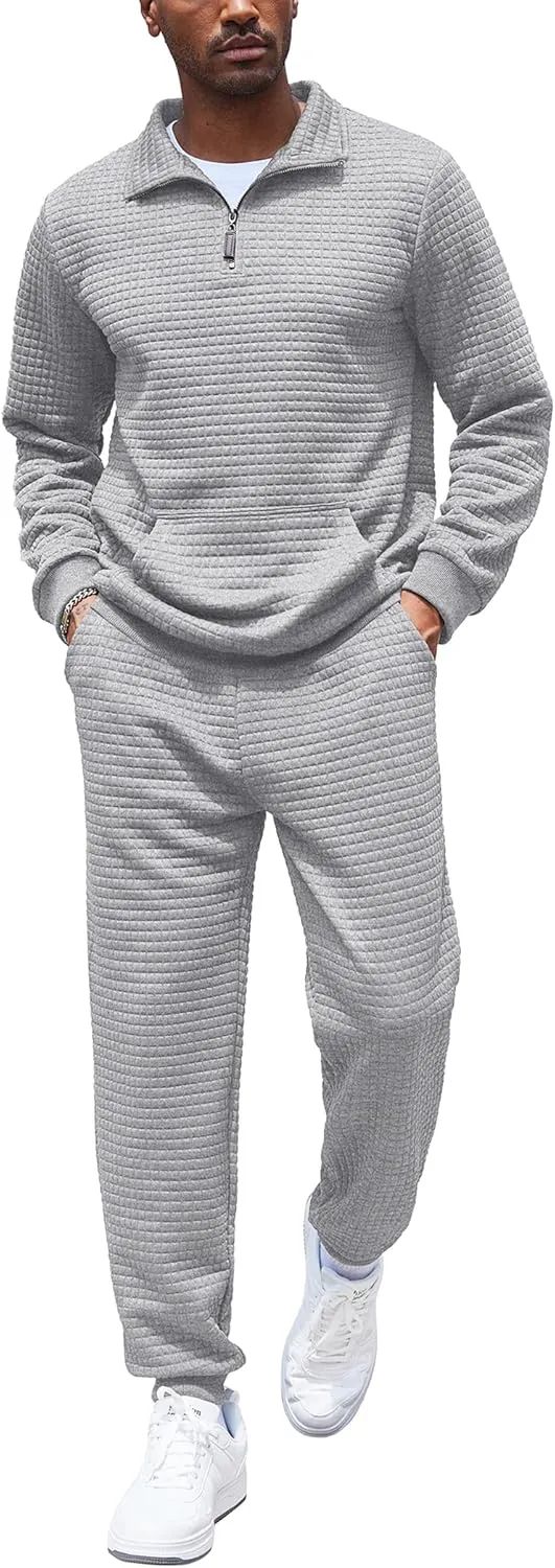COOFANDY Men's Tracksuit 2 Piece Quarter Zip Sweatsuit Workout Plaid Jacquard Jogging Suit Set