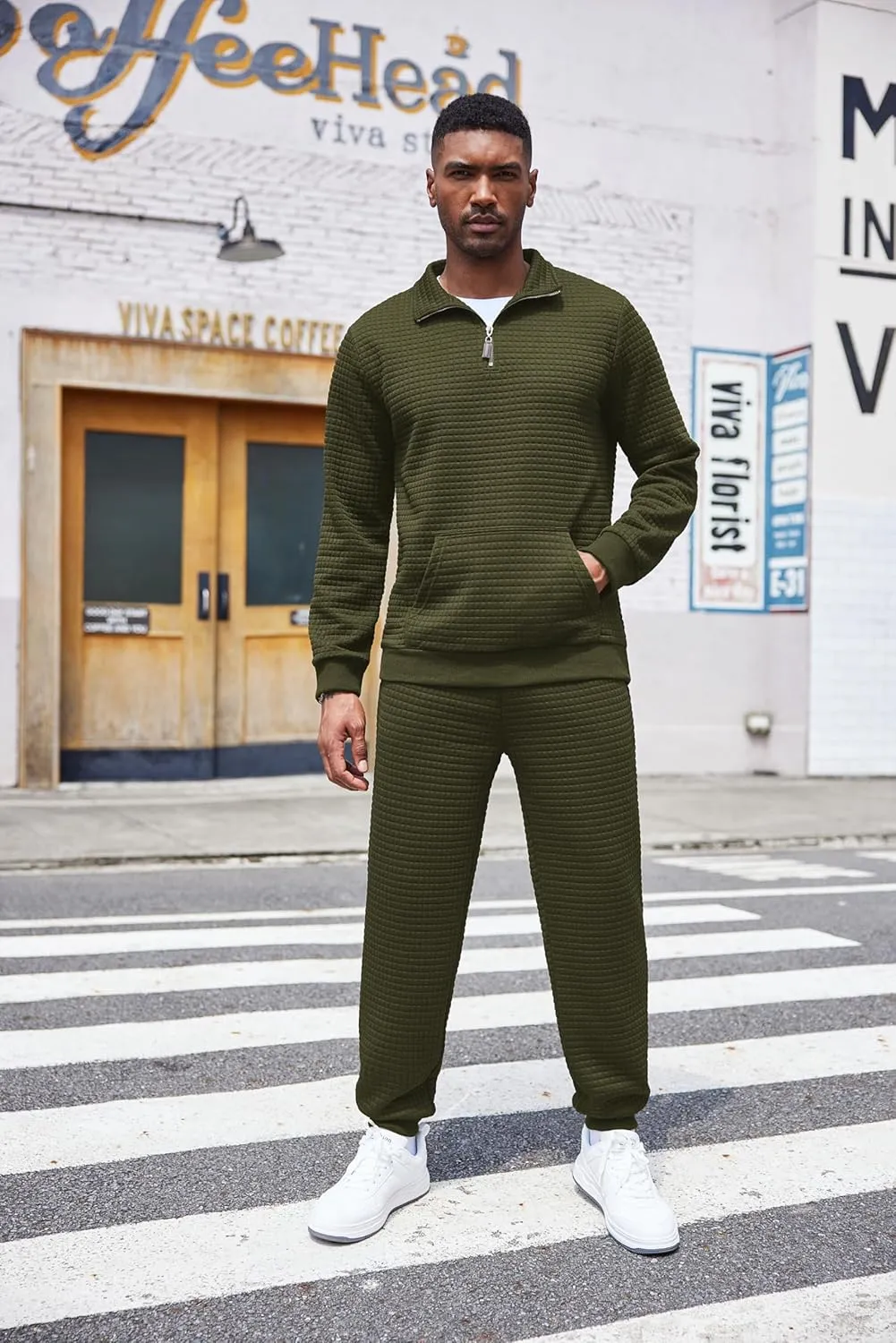 COOFANDY Men's Tracksuit 2 Piece Quarter Zip Sweatsuit Workout Plaid Jacquard Jogging Suit Set